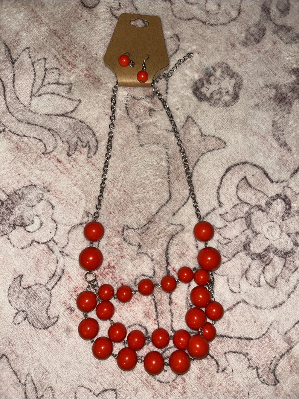Red Beaded Statement Necklace and Earrings Set